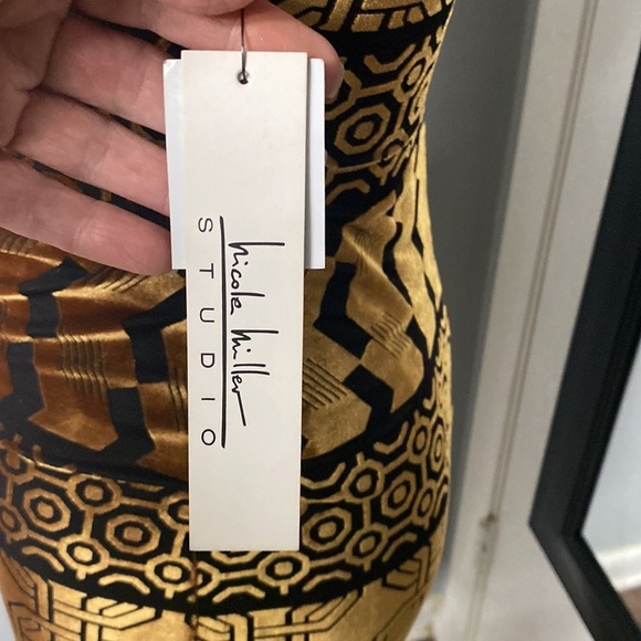 NWT NICHOLE MILLER BLACK/BRONZE VELVET BURNOUT AZTEC PRINT SPAGHETTI STRAP DRESS - Picture 14 of 16
